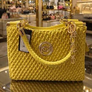 Bebe Yellow Woven Tote Handbag with Gold Hardware